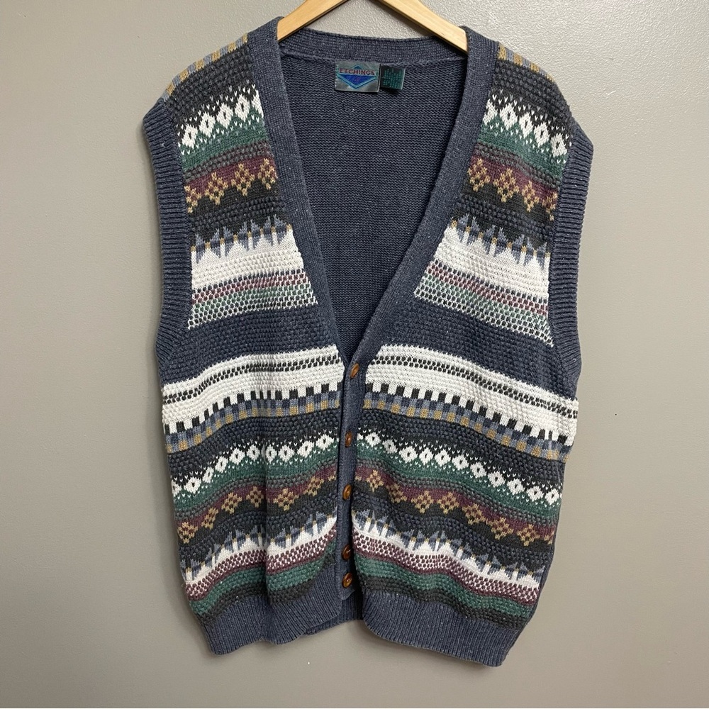 Etchings Sweater Vest Mens Large Knit Button geometric Striped grandpa